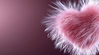 Fluffy pink heart shape made of soft fur or feathers on blurred burgundy background, romantic Valentine's day concept for greeting cards and social media.