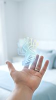 Caucasian male hand holding glowing neon circuit board brain icon representing artificial intelligence, technology innovation, and digital transformation for business and tech industry applications.