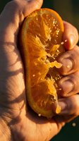 Fresh orange slice held in hand with juice dripping, showcasing vibrant citrus segments and natural light. Perfect for food, beverage, health and wellness marketing materials.