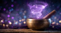 Tibetan singing bowl with magical purple energy spiral and sparkling lights on cosmic background for meditation and spiritual healing practices.