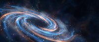 Glowing spiral galaxy with blue and orange luminous rings rotating in deep space with stars and cosmic dust particles.