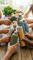 Group of people holding reusable water bottles together around wooden table with fresh vegetables, promoting sustainable lifestyle and eco-friendly hydration habits.