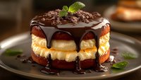 Decadent chocolate cream puff dessert with vanilla custard filling, dark chocolate ganache dripping down sides, garnished with mint leaves and chocolate shavings.