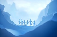 Paper cut silhouettes of people holding hands in unity against blue mountain background, symbolizing community, teamwork and connection in nature setting.
