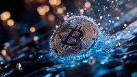 Silver bitcoin coin on dark background with blue light effects and bokeh circles, digital currency concept representing modern financial technology.