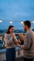 Young couple sharing romantic moment on rooftop terrace at twilight with string lights and city skyline background for anniversary celebration.