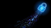 Digital cybersecurity lock with glowing blue light and binary code stream on dark background for technology and data protection concepts.