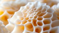 Macro view of honeycomb-like organic structure with soft cream and orange gradient colors showing natural geometric pattern and cellular texture.