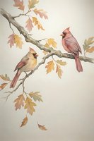 Two red cardinals perched on oak branch with autumn leaves in watercolor style for seasonal home decor and nature artwork.