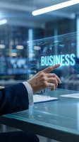 Businessman hand touching holographic business interface with digital data analytics in modern office environment for corporate technology solutions.