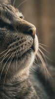 Close-up macro shot of tabby cat nose and whiskers with shallow depth of field showing detailed fur texture and facial features in warm natural lighting.