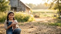 Young girl with braided hair, wearing denim overalls and striped shirt, holding white rabbit on rural farm with barn and green fields in background during golden hour sunlight.