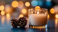 Glowing candle in glass holder with pine cones against blurred warm bokeh lights background creates cozy winter holiday atmosphere for seasonal decor and greeting cards.