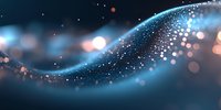 Glowing particles flow in elegant blue wave formation against dark background with bokeh light effects and sparkles creating magical atmosphere.