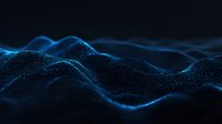 Glowing blue digital wave particles flowing on dark background creating dynamic futuristic landscape pattern for technology and science concepts.