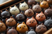 Handcrafted chocolate candies shaped as cute cat faces in various colors and designs, arranged in rows showing detailed whiskers and expressions in dark box.