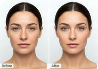 Before and after comparison of young woman showing makeup transformation with natural look to enhanced complexion, defined features and subtle glow against white background.