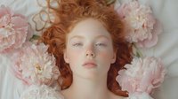 Young woman with red curly hair lying among pink peonies, soft dreamy portrait with pale skin and natural makeup, ethereal spring feminine composition.