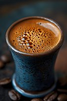 Fresh brewed espresso with golden crema foam in traditional blue ceramic cup, surrounded by coffee beans. Macro shot showing rich texture and bubbles.