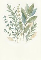 Watercolor botanical illustration featuring green herbs and leaves in soft natural tones on light background for organic design projects.