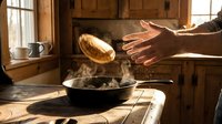 Hands tossing golden pasta into steaming pot on rustic wooden kitchen counter with warm sunlight, cooking preparation scene.