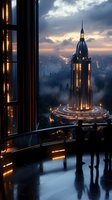 Futuristic art deco skyscraper illuminated at dusk with dramatic cloudy sky and city lights below, viewed through observation deck window with silhouetted visitors.