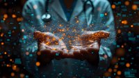 Glowing orange particles and digital network connections float above outstretched hands against dark background, representing digital transformation and future technology.