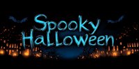 Glowing blue neon text saying Spooky Halloween with flying bats and illuminated jack o lanterns creating magical atmosphere against dark background.