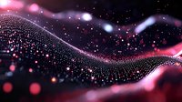 Abstract digital wave of glowing particles flowing on dark background with pink and purple bokeh lights creating dynamic motion effect for technology designs.
