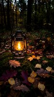 Vintage oil lantern glowing warmly among colorful autumn leaves on forest floor during golden hour creating cozy atmospheric camping scene.