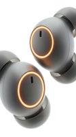 Pair of modern wireless earbuds with glowing golden ring indicators on white background, isolated for tech product design and marketing use.