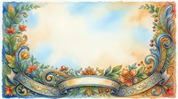 Watercolor floral border frame with ornate scrollwork, colorful flowers, and a blank ribbon banner, perfect for greeting cards and invitations.