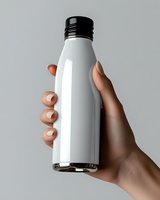 Female hand holding white reusable water bottle with black cap against gray background, minimalist composition highlighting sustainable lifestyle and eco-friendly choices.