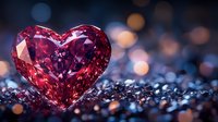 Brilliant red heart-shaped gemstone surrounded by sparkling diamonds against blurred bokeh background, symbolizing luxury love and romance.