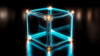 Glowing neon blue cube with illuminated edges and bright corner nodes floating in dark space, creating futuristic geometric shape with light reflections on black surface.