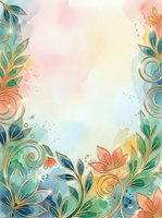 Watercolor floral border with gold swirls, pastel pink, teal and green leaves, soft dreamy background with copy space for cards.