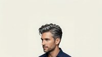Middle-aged man with dark hair and beard in profile, wearing navy blue shirt against neutral background for corporate and lifestyle design use.