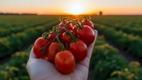 Fresh ripe red tomatoes on vine held in hand at sunset over agricultural field. Organic farming harvest concept for healthy eating and food production.