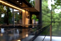 Modern kitchen island with sleek black countertop and warm LED lighting overlooking lush green garden through large windows for contemporary home design.