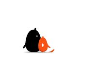 Minimalist black and orange bird silhouettes sitting together, depicting parent and baby in tender moment. Simple design for logos and children decor.