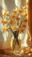 Fresh daffodils in glass vase on windowsill with soft morning light casting shadows through sheer curtains, creating warm golden atmosphere for spring decor.