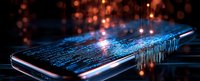 Computer keyboard with glowing blue light effects and digital data streams flowing across keys against dark background with bokeh lights, representing cybersecurity and technology.