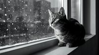 Tabby cat sitting on windowsill watching falling snow outside, black and white winter scene for seasonal, pet, and cozy home decor projects.