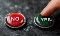 Red and green buttons with yes and no text on dark textured background, finger pointing to positive choice, decision making concept for business solutions.