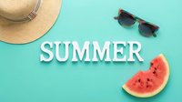 Summer flat lay with straw hat, sunglasses, and watermelon slice on turquoise background, perfect for seasonal promotions and vacation concepts.