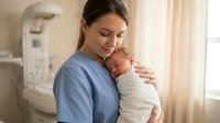 Young Caucasian mother in blue hospital gown tenderly holding newborn baby in maternity ward room with soft natural lighting creating intimate bonding moment.