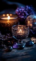 Mystical still life with glowing candles in ornate holders, healing crystals and dried lavender on dark wooden surface, creating magical atmosphere for spiritual practices.