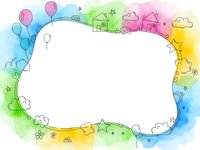 Colorful watercolor frame with doodle elements including balloons, houses, clouds and stars creating cheerful border for children content and design projects.