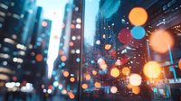 Modern cityscape with glowing bokeh lights and skyscrapers at night creating atmospheric urban scene with blurred colorful circles and reflections in rain.