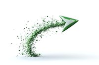 Green arrow breaking into particles with dynamic motion effect on white background, symbolizing growth, transformation and forward momentum.